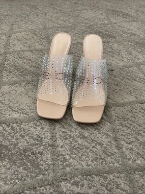 bebe Nude Crystal-Embellished Slide Mules